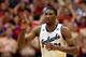 LAWRENCE, KS - JANUARY 18: Joel Embiid #21 of the Kansas Jayhawks reacts after scoring during the game against the Oklahoma State Cowboys at Allen Fieldhouse on January 18, 2014 in Lawrence, Kansas. (Photo by Jamie Squire/Getty Images)