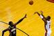 MIAMI, FL - MAY 26: Chris Bosh #1 of the Miami Heat takes a shot as Roy Hibbert #55 of the Indiana Pacers defends during Game Four of the Eastern Conference Finals of the 2014 NBA Playoffs at American Airlines Arena on May 26, 2014 in Miami, Florida. NOT