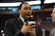 Jun 21, 2012; Miami, FL, USA; ESPN reporters and tv personalities Stephen A. Smith (left) and Skip Bayless (right) prior to the start of game five in the 2012 NBA Finals between the Oklahoma City Thunder and the Miami Heat at the American Airlines Arena.