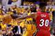 INDIANAPOLIS, IN - MAY 18: Lance Stephenson #1 of the Indiana Pacers drives to the basket as Norris Cole #30 of the Miami Heat defends during Game One of the Eastern Conference Finals of the 2014 NBA Playoffs at Bankers Life Fieldhouse on May 18, 2014 in