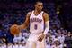 OKLAHOMA CITY, OK - MAY 27: Russell Westbrook #0 of the Oklahoma City Thunder dribbles the ball against the San Antonio Spurs in Game Four of the Western Conference Finals during the 2014 NBA Playoffs on May 27, 2014 at the Chesapeake Energy Arena in Okla
