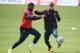 VALE DO LOBO, ALGARVE, PORTUGAL - MAY 21: Glen Johnson and Adam Lallana in action during a training session at the England pre-World Cup Training Camp at the Vale Do Lobo Resort on May 21, 2014 in Vale Do Lobo, Algarve, Portugal. (Photo by Richard Heath