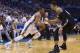 OKLAHOMA CITY, OK - May 27: Russell Westbrook #0 of the Oklahoma City Thunder drives baseline against the San Antonio Spurs in Game 4 of the Western Conference Finals during the 2014 NBA Playoffs at the Chesapeake Arena on May 27, 2014 in Oklahoma City, O
