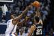 May 27, 2014; Oklahoma City, OK, USA; Oklahoma City Thunder forward Serge Ibaka (9) blocks a shot attempt by San Antonio Spurs forward Tim Duncan (21) during the second quarter in game four of the Western Conference Finals of the 2014 NBA Playoffs at Ches