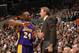 LOS ANGELES - JANUARY 21: Kobe Bryant #24 and assistant coach Kurt Rambis of the Los Angeles Lakers talk during the game against the Los Angeles Clippers at Staples Center on January 21, 2009 in Los Angeles, California. The Lakers won 108-97. NOTE TO US