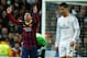 MADRID, SPAIN - MARCH 23: Lionel Messi of Barcelona celebrates scoring his team's third goal as Cristiano Ronaldo of Real Madrid looks dejected during the La Liga match between Real Madrid CF and FC Barcelona at the Bernabeu on March 23, 2014 in Madrid,