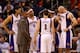PHOENIX, AZ - NOVEMBER 14: (L-R) Luis Scola #14, head coach Alvin Gentry, Michael Beasley #0, Goran Dragic #1, Jared Dudley #3 and Marcin Gortat #4 of the Phoenix Suns during a break from the NBA game against the Chicago Bulls at US Airways Center on Nov