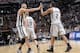 SAN ANTONIO, TX - APRIL 21: Tim Duncan #21 of the San Antonio Spurs congratulates Kawhi Leonard #2 of the San Antonio Spurs goes to the basket during the Game One of the Western Conference Quarterfinals between the Los Angeles Lakers and the San Antonio