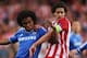 LONDON, ENGLAND - APRIL 30: Willian of Chelsea holds off Tiago of Club Atletico de Madrid during the UEFA Champions League semi-final second leg match between Chelsea and Club Atletico de Madrid at Stamford Bridge on April 30, 2014 in London, England. (