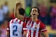 MADRID, SPAIN - APRIL 09: Tiago of Club Atletico de Madrid celebrates victory during the UEFA Champions League Quarter Final second leg match between Club Atletico de Madrid and FC Barcelona at Vicente Calderon Stadium on April 9, 2014 in Madrid, Spain.