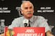 CHICAGO, IL - MAY 21: Head Coach Joel Quenneville of the Chicago Blackhawks speaks to the media after they lost 6 to 2 to the Los Angeles Kings in Game Two of the Western Conference Final during the 2014 Stanley Cup Playoffs at United Center on May 21, 2