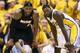 May 28, 2014; Indianapolis, IN, USA; Miami Heat forward LeBron James (6) and Indiana Pacers guard Lance Stephenson (1) stand on the court during the fourth quarter in game five of the Eastern Conference Finals of the 2014 NBA Playoffs at Bankers Life Fiel