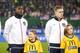 VIENNA, AUSTRIA - NOVEMBER 19: Brek Shea, Jozy Altidore and Aron Johannsson of USA (L-R) line up for the national anthem prior to the International friendly match between Austria and USA at the Ernst-Happel Stadium on November 19, 2013 in Vienna, Austria