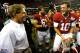 ATLANTA, GA - AUGUST 31: AJ McCarron #10 enjoys a laugh with head coach Nick Saban of the Alabama Crimson Tide after their 35-10 win over the Virginia Tech Hokies at Georgia Dome on August 31, 2013 in Atlanta, Georgia. (Photo by Kevin C. Cox/Getty Image