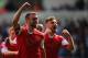 SWANSEA, WALES - MAY 03: Rickie Lambert of Southampton celebrates with Luke Shaw (R) as he scores their first goal during the Barclays Premier League match between Swansea City and Southampton at Liberty Stadium on May 3, 2014 in Swansea, Wales. (Photo