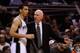 SAN ANTONIO, TX - MAY 29: Head coach Gregg Popovich of the San Antonio Spurs talks to Danny Green #4 in the first quarter against the Oklahoma City Thunder during Game Five of the Western Conference Finals of the 2014 NBA Playoffs at AT&T Center on May 29