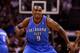 SAN ANTONIO, TX - MAY 29: Serge Ibaka #9 of the Oklahoma City Thunder reacts after a play in the first quarter against the San Antonio Spurs during Game Five of the Western Conference Finals of the 2014 NBA Playoffs at AT&T Center on May 29, 2014 in San A