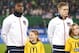 VIENNA, AUSTRIA - NOVEMBER 19: Brek Shea, Jozy Altidore and Aron Johannsson of USA (L-R) line up for the national anthem prior to the International friendly match between Austria and USA at the Ernst-Happel Stadium on November 19, 2013 in Vienna, Austria