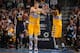 DENVER, CO - April 12: Timofey Mozgov #25 and Kenneth Faried #35 of the Denver Nuggets celebrate during a game against the Utah Jazz on April 12, 2014 at the Pepsi Center in Denver, Colorado. NOTE TO USER: User expressly acknowledges and agrees that, by d