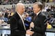 SAN ANTONIO - NOVEMBER 11: Head Coach Gregg Popovich of the San Antonio Spurs talks with Head Coach Mike D'Antoni of the New York Knicks on November 11, 2008 at the AT&T Center in San Antonio, Texas. NOTE TO USER: User expressly acknowledges and agrees th