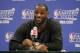 May 28, 2014; Indianapolis, IN, USA; Miami Heat forward LeBron James answers questions during a press conference following game five against the Indiana Pacers of the Eastern Conference Finals of the 2014 NBA Playoffs at Bankers Life Fieldhouse. Indiana d