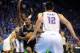 May 25, 2014; Oklahoma City, OK, USA; San Antonio Spurs forward Boris Diaw (33) drives to the basket against Oklahoma City Thunder guard Reggie Jackson (15) during the third quarter in game three of the Western Conference Finals of the 2014 NBA Playoffs a