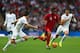 LONDON, ENGLAND - MAY 30: Andre Carrillo of Peru is closed down by Leighton Baines and Jordan Henderson of England during the international friendly match between England and Peru at Wembley Stadium on May 30, 2014 in London, England. (Photo by Warren