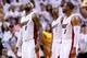 MIAMI, FL - MAY 30: LeBron James #6 of the Miami Heat looks up at the scoreboard against the Indiana Pacers during Game Six of the Eastern Conference Finals of the 2014 NBA Playoffs at American Airlines Arena on May 30, 2014 in Miami, Florida. NOTE TO US