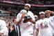 MIAMI, FL - MAY 30: Greg Oden #20 of the Miami Heat holds the trophy after the win against the Indiana Pacers in Game Six of the Eastern Conference Finals during the 2014 NBA Playoffs on May 30, 2014 in Miami, Fl. NOTE TO USER: User expressly acknowledges