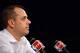 May 30, 2014; Miami, FL, USA; Indiana Pacers head coach Frank Vogel at a press conference before game six of the Eastern Conference Finals of the 2014 NBA Playoffs against the Miami Heat at American Airlines Arena. Mandatory Credit: Steve Mitchell-USA TOD