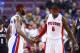 Feb 7, 2014; Auburn Hills, MI, USA; Detroit Pistons small forward Josh Smith (6) receives congratulations from center Andre Drummond (0) after scoring in the first half against the Brooklyn Nets at The Palace of Auburn Hills. Mandatory Credit: Rick Osento