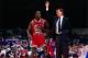 LOS ANGELES - CIRCA 1987: Chicago Bulls head coach Doug Collins talks with Michael Jordan #23 against the Los Angeles Clippers during a game played circa 1987 at the LA Sports Arena in Los Angeles, California. NOTE TO USER: User expressly acknowledges and