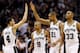 SAN ANTONIO, TX - JUNE 16: (L-R) Danny Green #4, Tony Parker #9, Tim Duncan #21 and Boris Diaw #33 of the San Antonio Spurs celebrate in the fourth quarter against the Miami Heat during Game Five of the 2013 NBA Finals at the AT&T Center on June 16, 2013