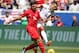 Jun 1, 2014; Harrison, NJ, USA; Turkey defender Ozan Tufan battles for the ball with United States forward Clint Dempsey during the first half of their international friendly soccer match at Red Bull Arena. Mandatory Credit: Adam Hunger-USA TODAY Sports