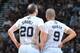 SAN ANTONIO, TX - MARCH 6: Manu Ginobili #20 and Tony Parker #9 of the San Antonio Spurs during a game against the Miami Heat at the AT&T Center March 6, 2014 in San Antonio, Texas. NOTE TO USER: User expressly acknowledges and agrees that, by downloading