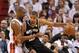 Jun 20, 2013; Miami, FL, USA; San Antonio Spurs power forward Tim Duncan (21) drives against Miami Heat center Chris Bosh (1) during the first quarter of game seven in the 2013 NBA Finals at American Airlines Arena. Mandatory Credit: Steve Mitchell-USA TO