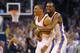 OKLAHOMA CITY, OK - MAY 13: (L-R) Russell Westbrook #0 and Kevin Durant celebrate a 105-104 win against the Los Angeles Clippers in Game Five of the Western Conference Semifinals during the 2014 NBA Playoffs at Chesapeake Energy Arena on May 13, 2014 in