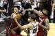 Jun 11, 2013; San Antonio, TX, USA; Miami Heat shooting guard Mike Miller (13) and Chris Andersen (11) battle for a loose ball with San Antonio Spurs center Tiago Splitter (22) the first quarter during game three of the 2013 NBA Finals at the AT&T Center.