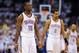 May 15, 2013; Oklahoma City, OK, USA; Oklahoma City Thunder point guard Reggie Jackson (15) and shooting guard Thabo Sefolosha (2) wait for play to resume against the Memphis Grizzlies in game five of the second round of the 2013 NBA Playoffs at Chesapeak