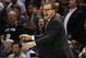May 29, 2014; San Antonio, TX, USA; Oklahoma City Thunder head coach Scott Brooks reacts against the San Antonio Spurs during the second half in game five of the Western Conference Finals of the 2014 NBA Playoffs at AT&T Center. Mandatory Credit: Soobum I