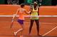 PARIS, FRANCE - JUNE 02: Sloane Stephens of the United States shakes hands with Simona Halep of Romania after their women's singles match on day nine of the French Open at Roland Garros on June 2, 2014 in Paris, France. (Photo by Clive Brunskill/Getty I