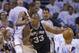 OKLAHOMA CITY, OK - May 31: Boris Diaw #33 of the San Antonio Spurs handles the ball against Kevin Durant #35 of the Oklahoma City Thunder in Game 6 of the Western Conference Finals during the 2014 NBA Playoffs at the Chesapeake Arena on May 31, 2014 in