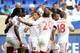 Jul 8, 2013; Harrison, NJ, USA; Trinidad and Tobago forward Trinidad and Tobago midfielder Keon Daniel (19) celebrates his goal with teammates during the first half at Red Bull Arena. Mandatory Credit: Joe Camporeale-USA TODAY Sports