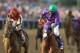 BALTIMORE, MD - MAY 17: California Chrome #3, ridden by Victor Espinoza, races accross the finishline to win the 139th running of the Preakness Stakes at Pimlico Race Course on May 17, 2014 in Baltimore, Maryland. (Photo by Matthew Stockman/Getty Images