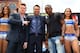 LOS ANGELES, CA - MAY 06: Boxers Canelo Alvarez (2nd from left) and Erislandy Lara (2nd from right) and Oscar De La Hoya (C), president of Golden Boy Promotions, pose onstage during the press conference for Canelo Alvarez v Erislandy Lara on May 6, 2014