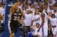 OKLAHOMA CITY, OK - MAY 31: Boris Diaw #33 of the San Antonio Spurs reacts to a play in the second half as Kevin Durant #35 of the Oklahoma City Thunder looks on during Game Six of the Western Conference Finals of the 2014 NBA Playoffs at Chesapeake Ener