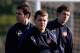 ST ALBANS, ENGLAND - MARCH 07: Arsenal's midfield trio of Cesc Fabregas (L), Jack Wilshere (C) and Aaron Ramsey during a training session ahead of the UEFA Champions League Round of 16 second leg match against Barcelona at London Colney on March 7, 2011