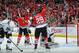 CHICAGO, IL - JUNE 1: Bryan Bickell #29 and Marian Hossa #81 of the Chicago Blackhawks react after teammate Patrick Sharp #10 (not pictured) scored against the Los Angeles Kings late in the second period in Game Seven of the Western Conference Final durin