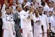 May 30, 2014; Miami, FL, USA; Miami Heat forward LeBron James (middle) leads teammates in celebration from the bench during the second half in game six of the Eastern Conference Finals of the 2014 NBA Playoffs against the Indiana Pacers at American Airlin