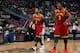 ATLANTA, GA - APRIL 04: Kyrie Irving #2 and Dion Waiters #3 of the Cleveland Cavaliers walk off the court between free throws in their 117-98 loss to the Atlanta Hawks at Philips Arena on April 4, 2014 in Atlanta, Georgia. NOTE TO USER: User expressly a